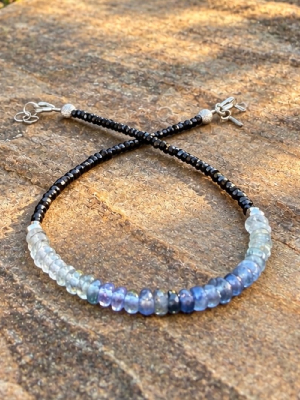 Natural Blue Purple Sapphire & Black Spinel Bracelet – 14K White Gold – Handmade